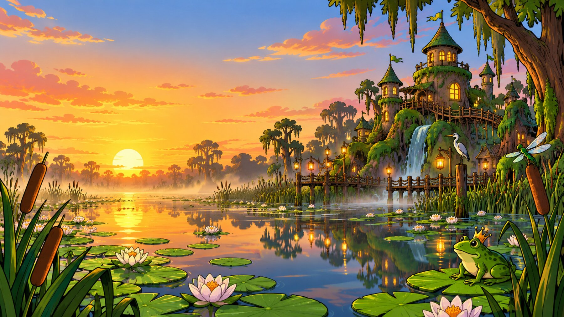 A sunset swamp kingdom with a moss-covered castle, waterfalls and lily pads